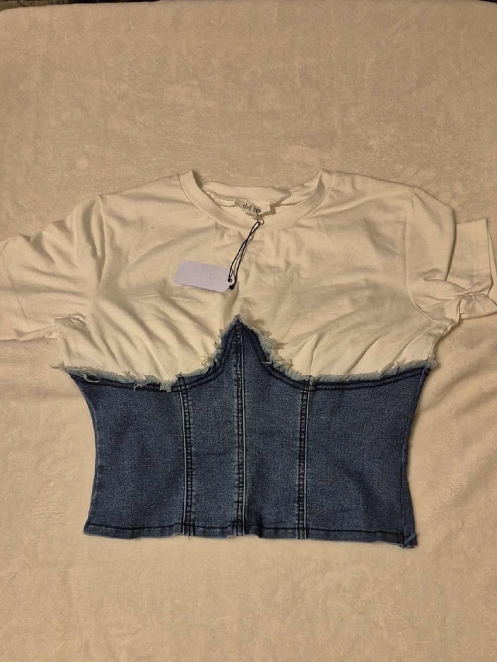 White Tee with Blue Denim Corset Crop Top - Women's Fashion
